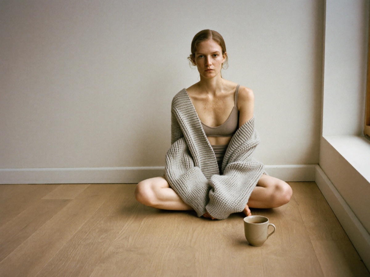 A woman sits on a wooden floor wrapped in an oversized ash-grey chunky knit cardigan.
