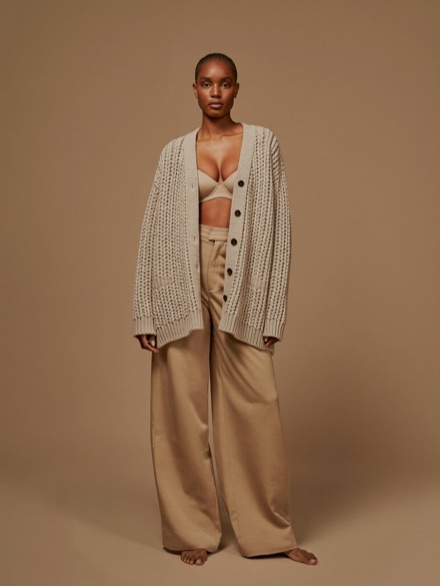 Halle Chunky Cardigan in Ash, worn open over a bone top and wide trousers.
