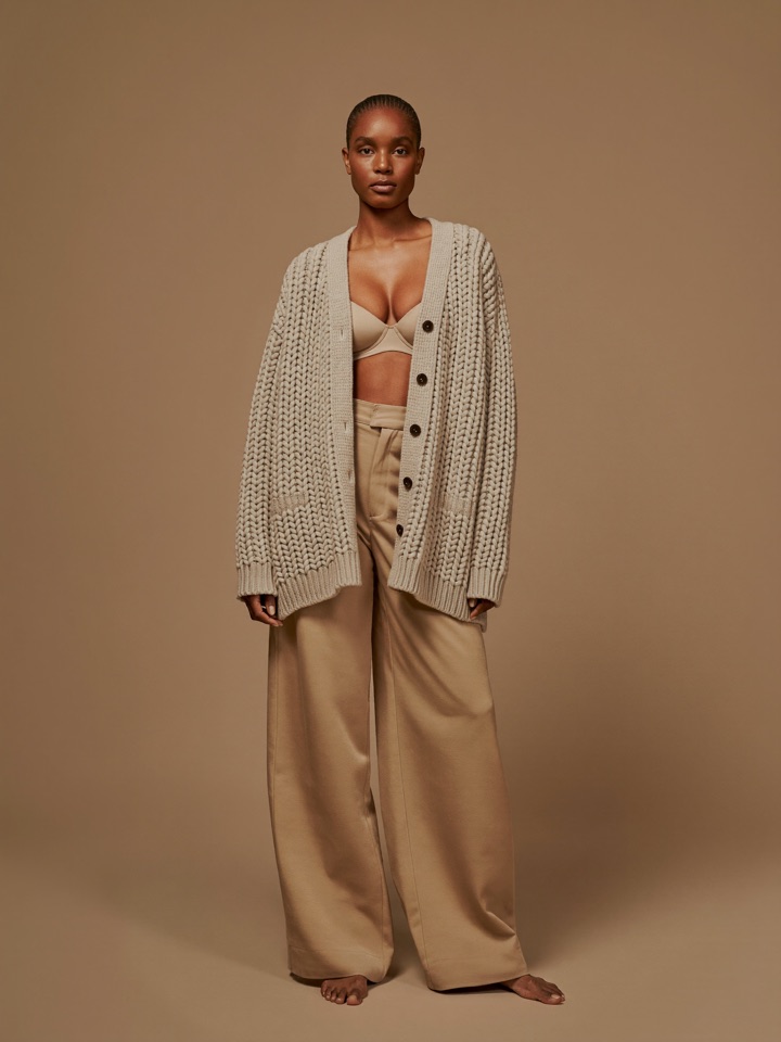 Halle Chunky Cardigan in Ash, front view, worn open over a bone top and wide trousers.